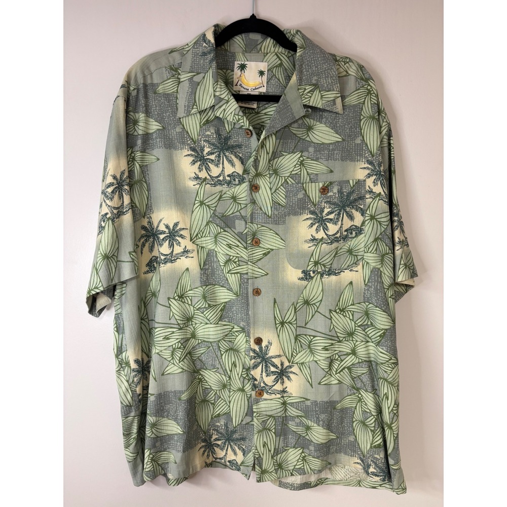 Banana Cabana Mens Silk Hawaiian Shirt‎ Palm Tree Tropical Print Button Up Large